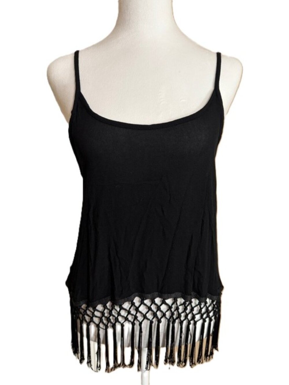 Monteau Boho Black Tank Top With Open-Stitch Fringe Hem Open Back Size M